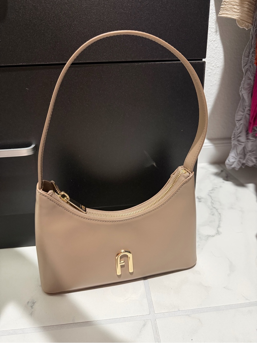 Furla Beige Shoulder Bag with Gold Accent